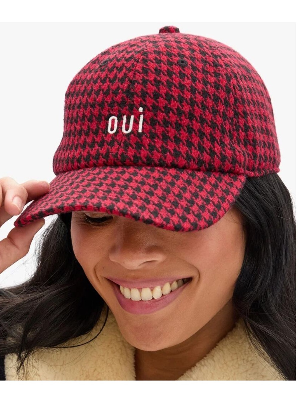 Clare V Baseball Cap Hat Houndstooth Oui Red Black Adjustable One Size O/S
